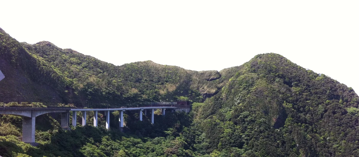 A long viaduct spanning a deep green ravine on Hachijō-jima
